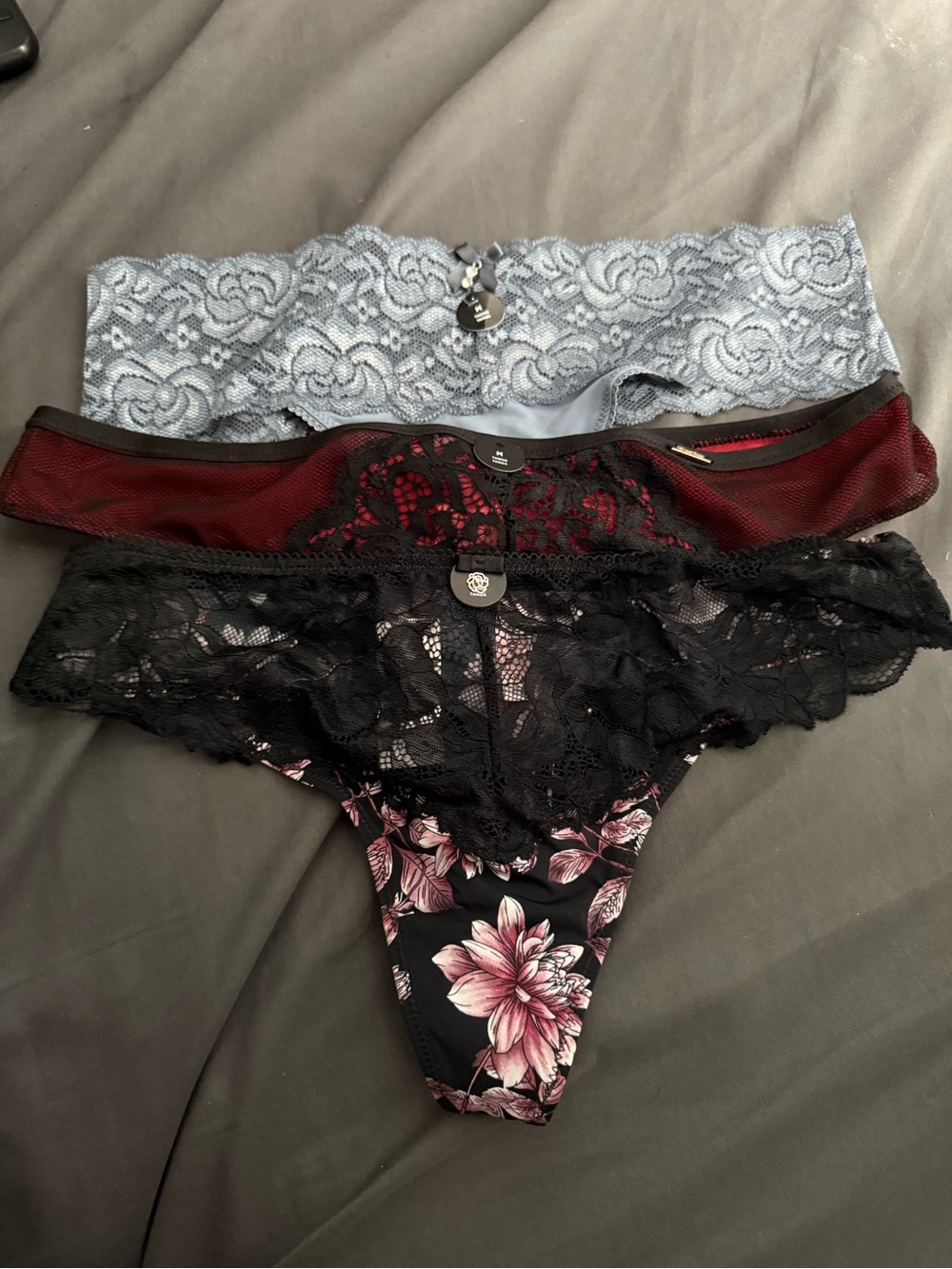 3-Pack Women's Lace Thong Set - Black, Burgundy, Light Blue